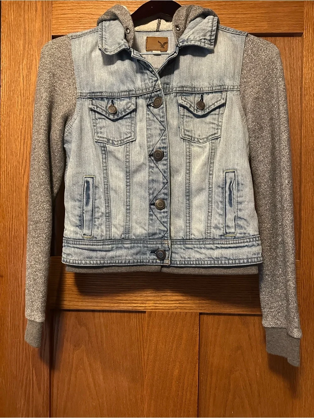 American Eagle Outfitters Light Blue Denim Jacket with Gray Knit Sleeves